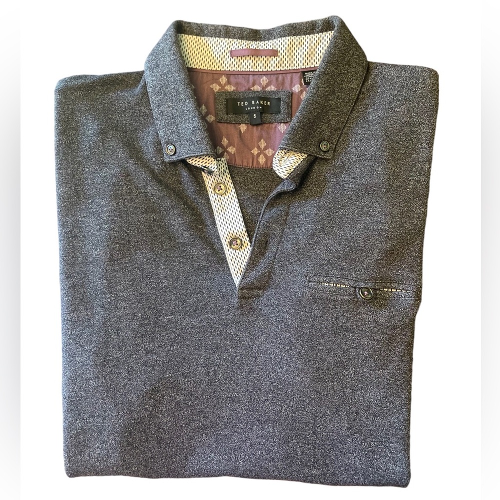 Ted Baker London Short Sleeve Front Pocket Polo Shirt Heather Grey EUC Size 5